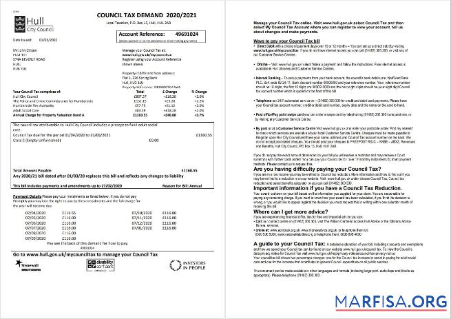 Downloadable United Kingdom Hull City Council utility bill template in Word and PDF format, 2 pages
